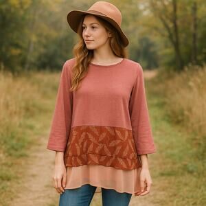Logo Lounge Layered Womens Top Sz S Rust Boho Mixed Media Cottagecore Chiffon